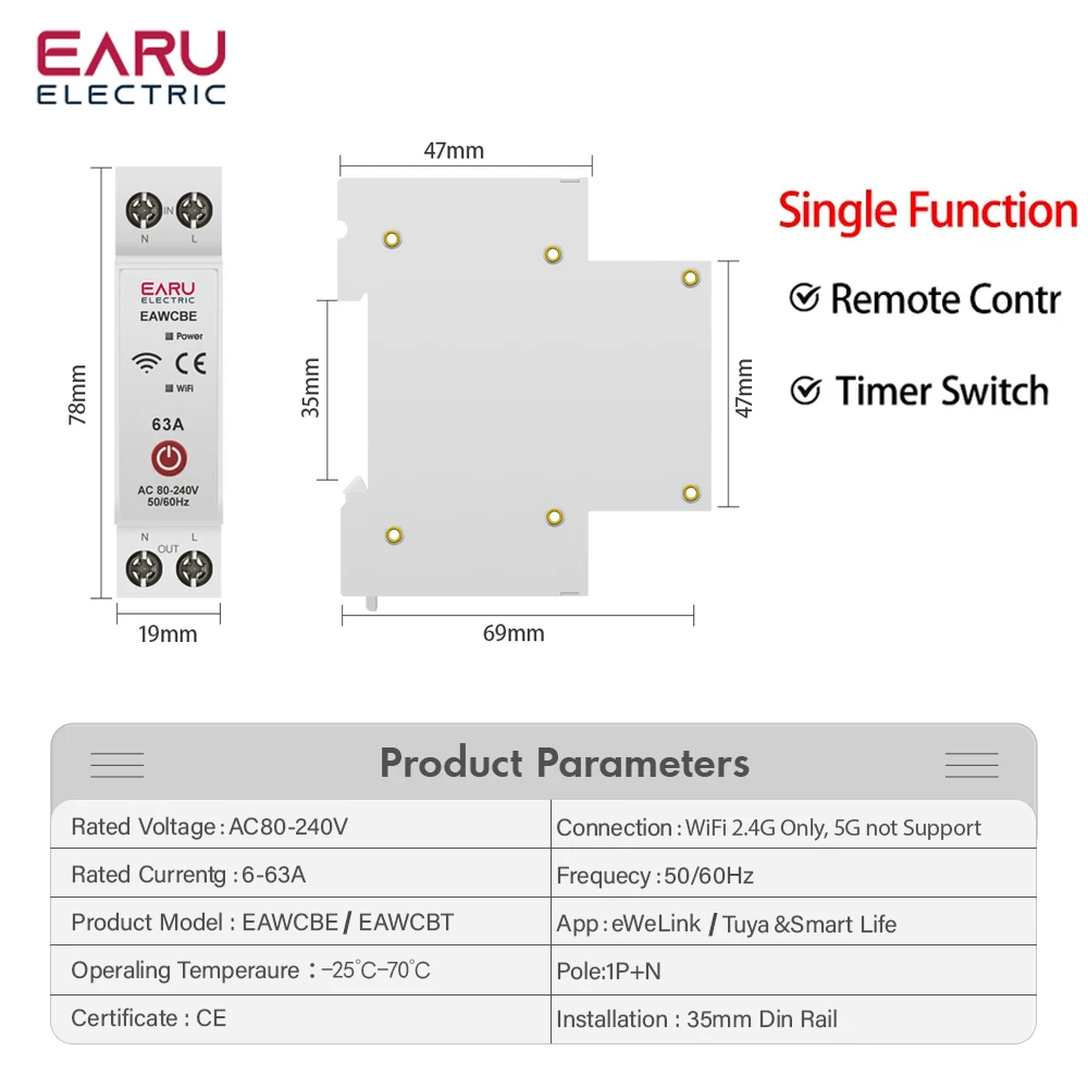 Tuya eWeLink WiFi Smart Circuit Breaker MCB 1P 63A Power Energy kWh Voltage Current Meter Protector Voice Remote Control Switch