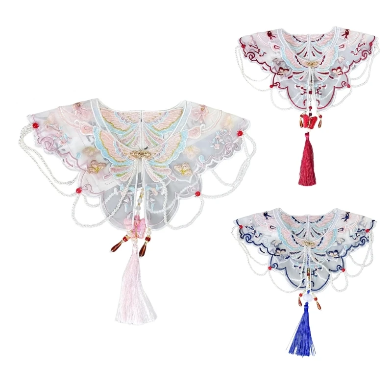 

Chinese Style Embroidered Shawl Traditional Cultural Tippet Elegant Women's Tassels Photography Shawl Dress Decorative Collar