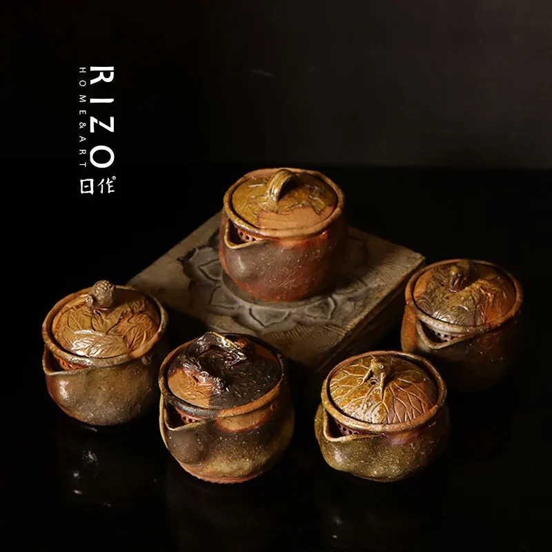 Japanese Pre Made Wood Burning And Brewing Teapot Expert Tetsuya Sato's Pottery Pomegranate Frog Picking Urgent Beard