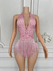 Sparkly Rhinestones Pearls Fringes pink Bodysuit Women Sexy Deep V Neck Dance Costume Dancer Performance Stage Wear Club Outfit