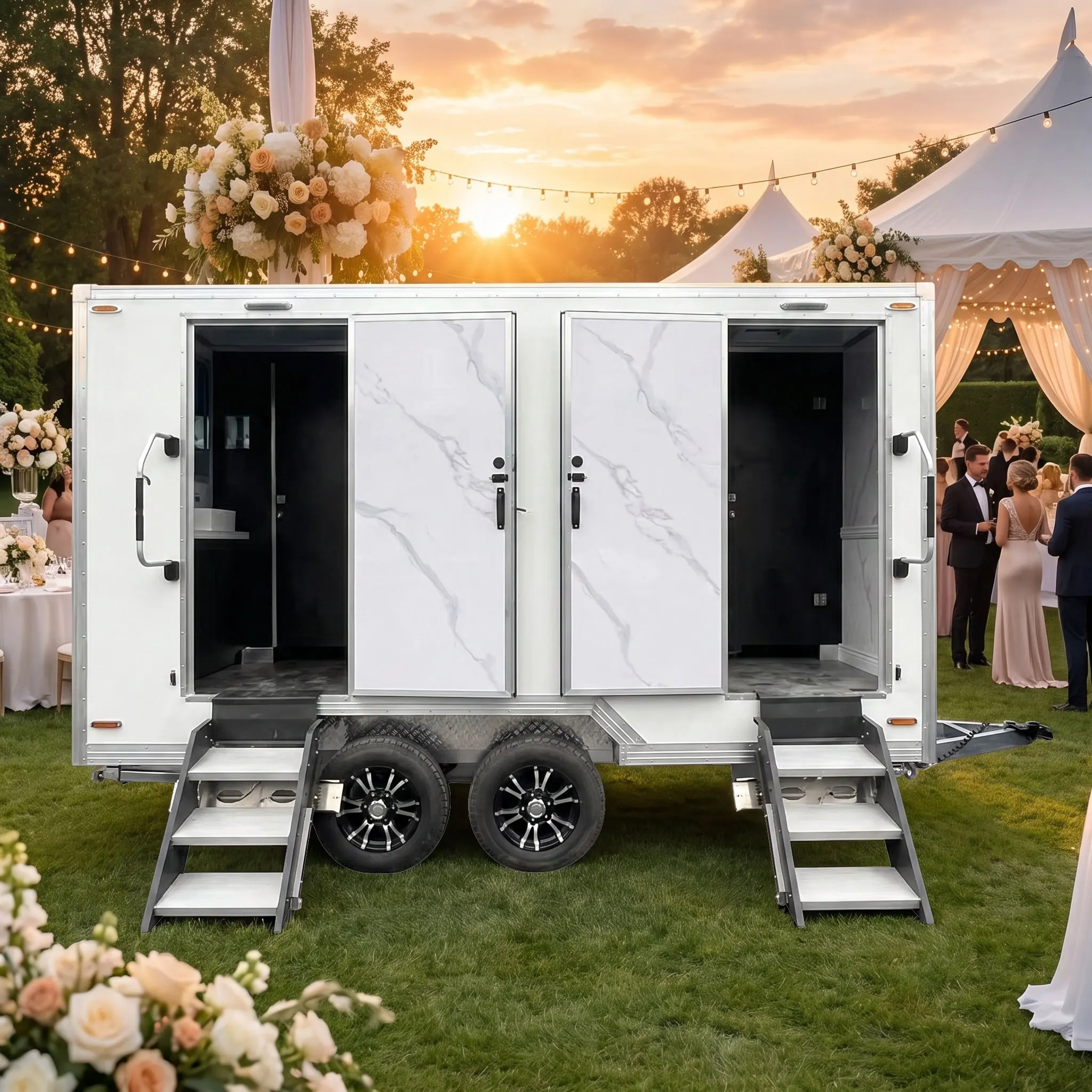 Premium 2 Rooms Portable Restroom Mobile Toilet Trailer with Wash Basin for Outdoor Concerts and Public Gatherings