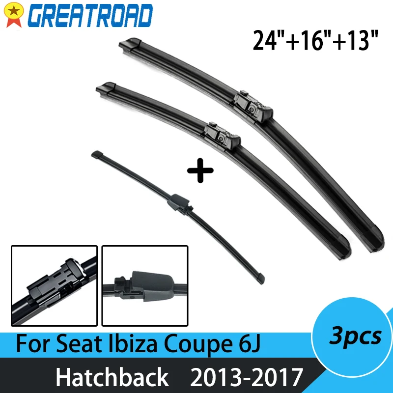 Wiper 3x Front & Rear Windscreen Wiper Blades Set For Seat Ibiza Coupe 6J Hatchback 2017 2016 2015 2014 2013 24\