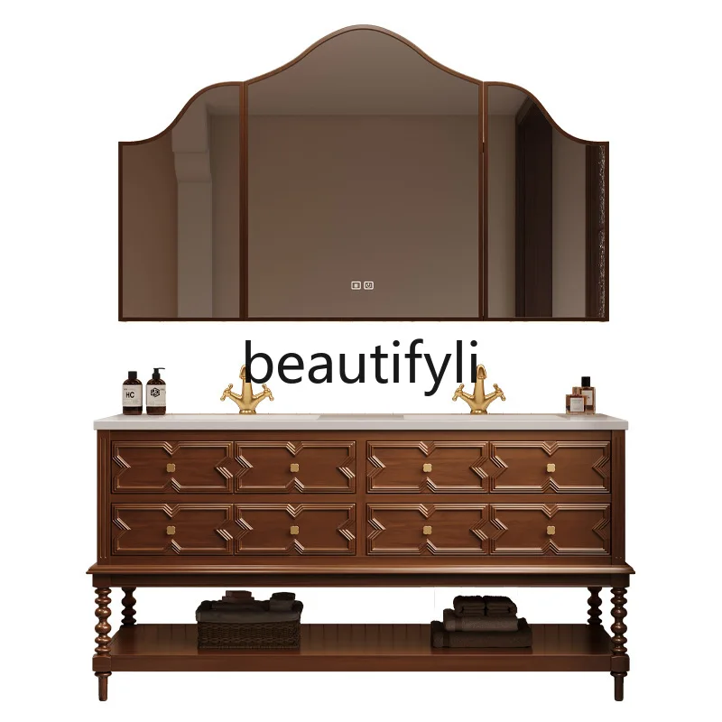 

American sink Chinese retro bathroom cabinet combination French bathroom washstand rock slab hot bending