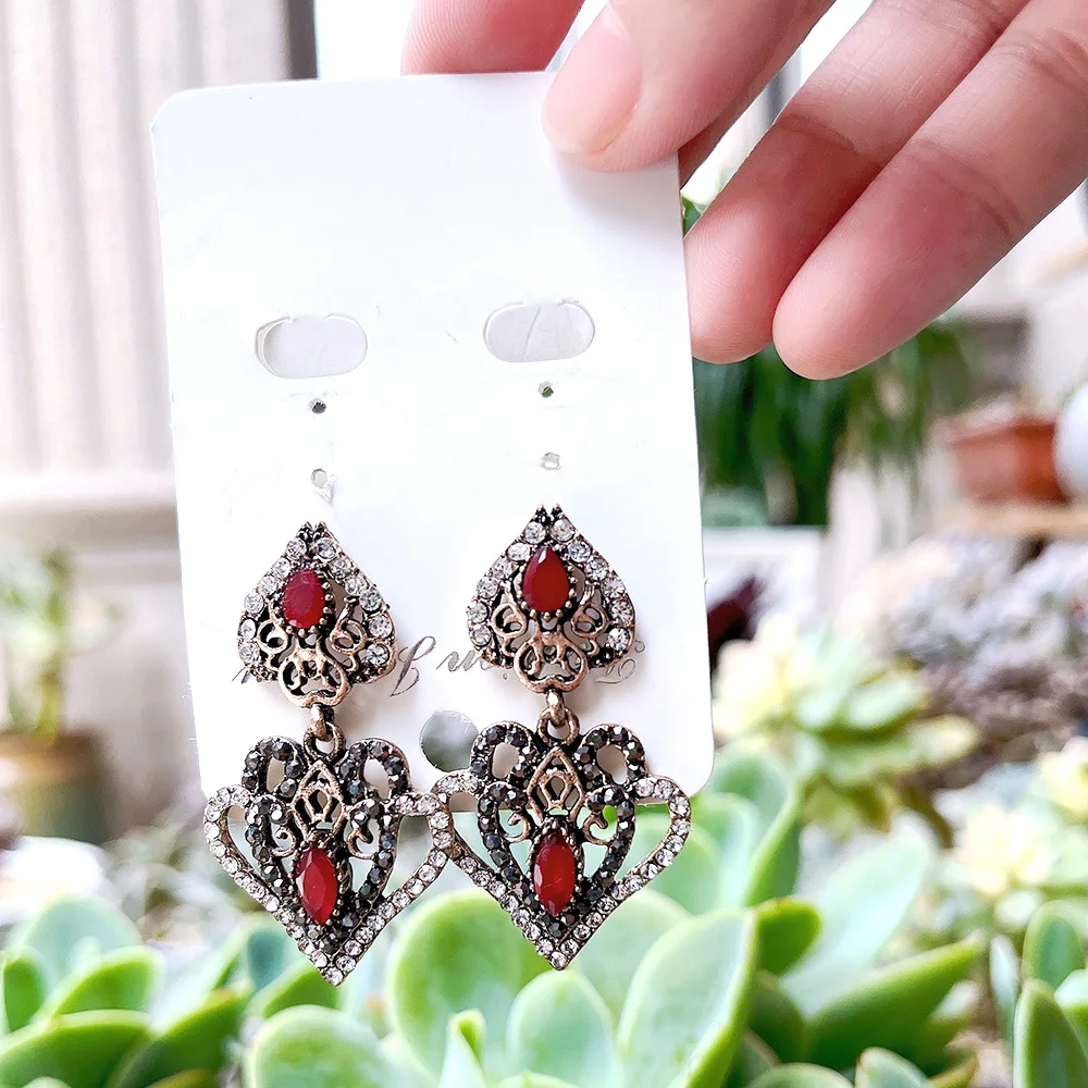 Vintage Turkish Crystal Heart Earring Indian Women Drop Earring Bohemia Bride Wedding Bijoux Ethnic Banquet Jewelry Sunspicems