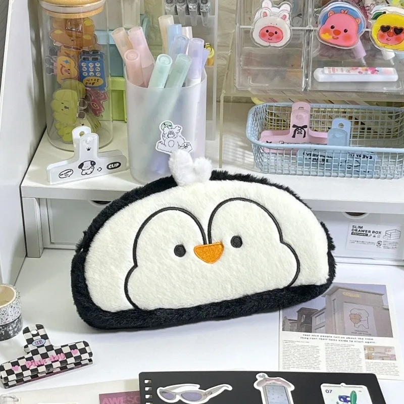 Cute Penguin Pen Bag Fashion Cartoon Large Capacity Makeup Bag Korean Stationery Box Creative Desktop Storage Pen Box Kawaii Bag