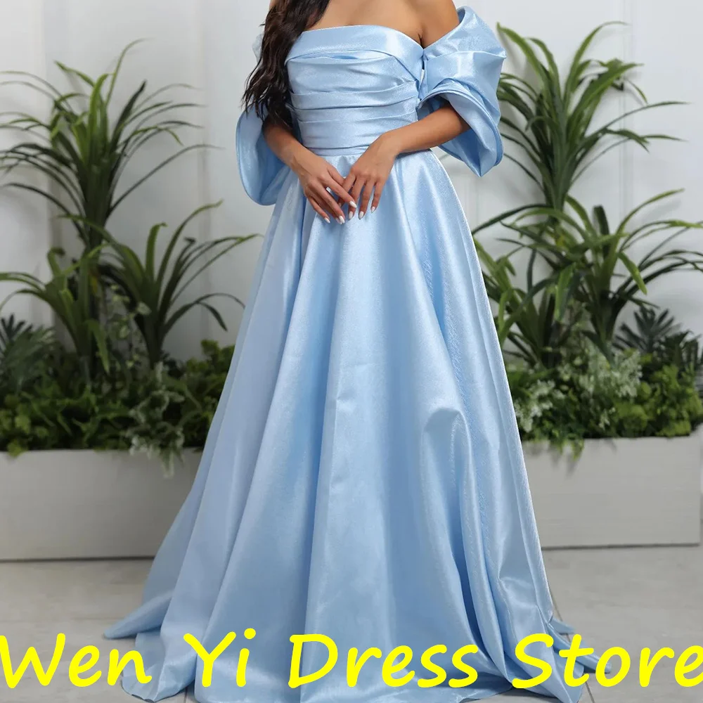 Satin Off the Shoulder Floor Length Straight Short Sleeves Pleats Sweep Train Solid Color Elegant Dresses For Formal Occasions