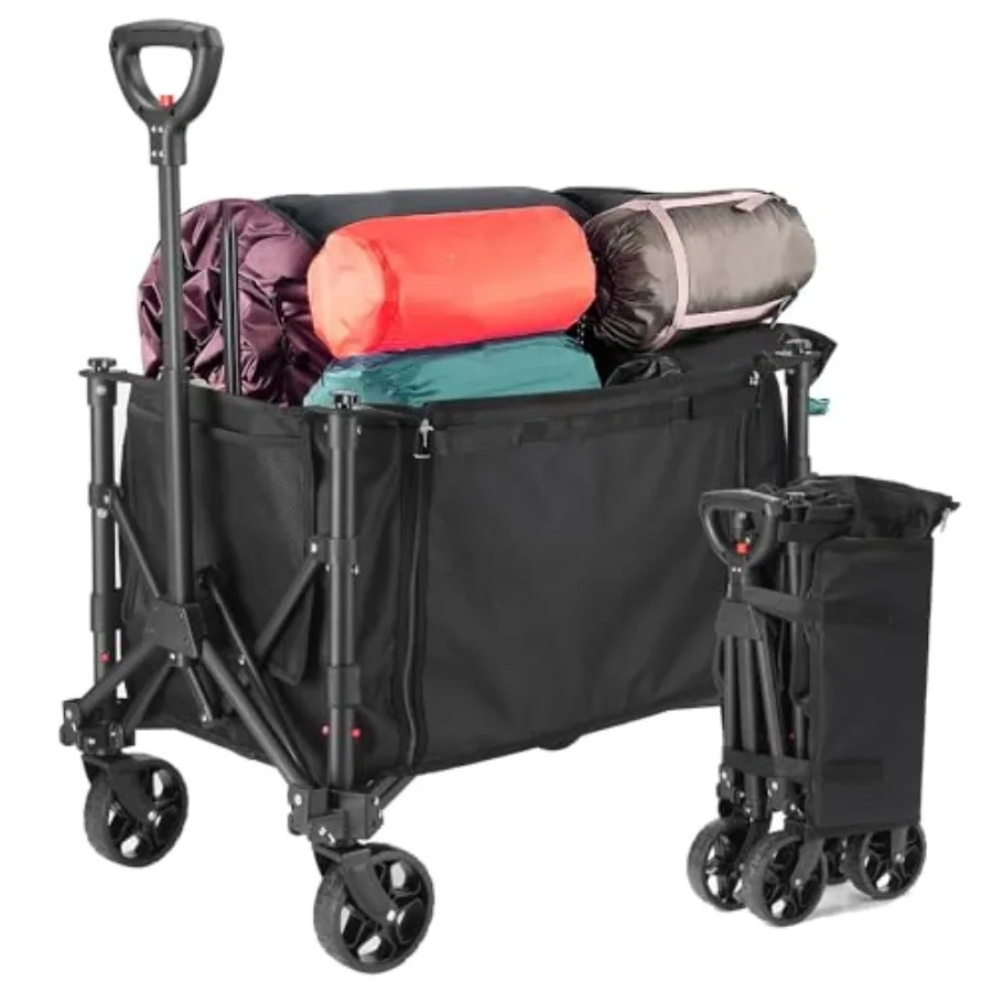 

Foldable Utility Cart for outdoor grocery, garden, beach use; heavy duty steel frame, black color, supports 440lbs, features br