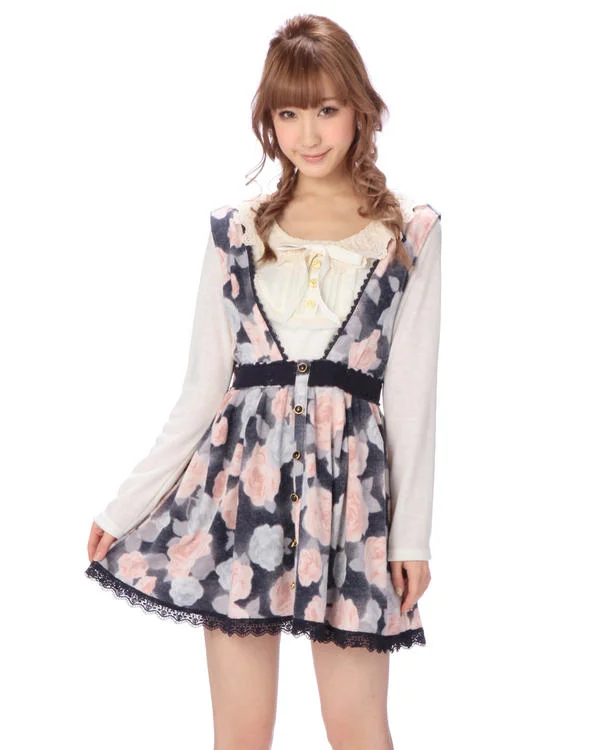 SALES Japan Style Liz Lisa V Neck Flower Print Lace Waist Knitted Suspenders Dress