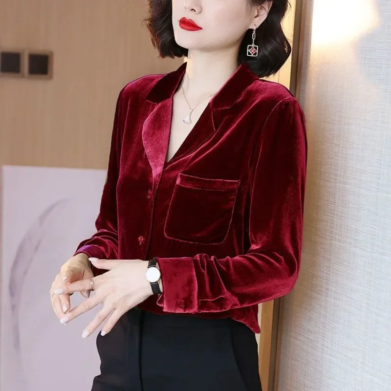 Luxury Blouse Women Gold Velvet Tops Design Vintage Office Ladies Shirts V-neck Single-breasted Long Sleeve Chic Jacket Shirt