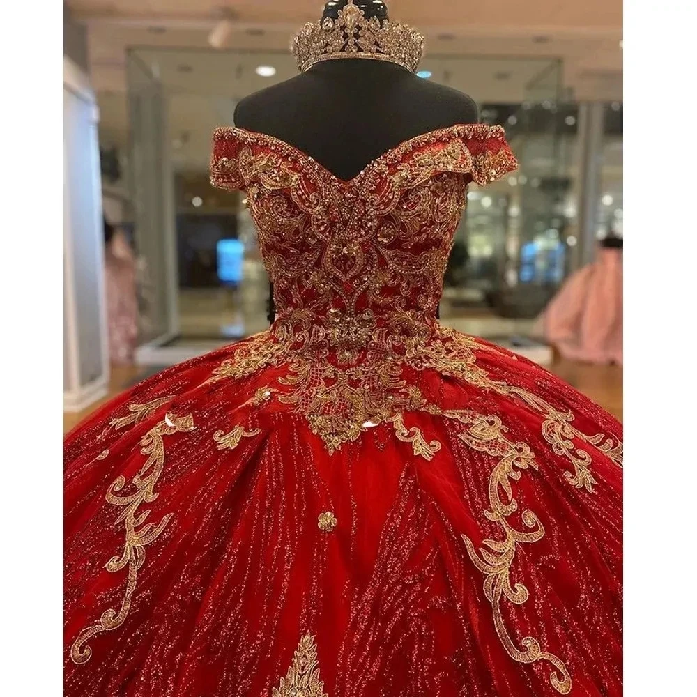 ANGELSBRIDEP Glittering Red Off-Shoulder Quinceanera Dress Gold Beading Lace Princess Cinderella Birthday Vestidos De 15 Anos