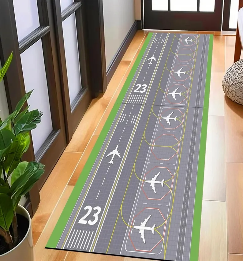 Teppich für Luftfahrt-Laufstegflächen mit weißen Flugzeugsymbolen und Nummer 23, rutschfeste Kinderspielmatte für Schlafzimmerdekoration, Teppich mit Flughafenmotiv