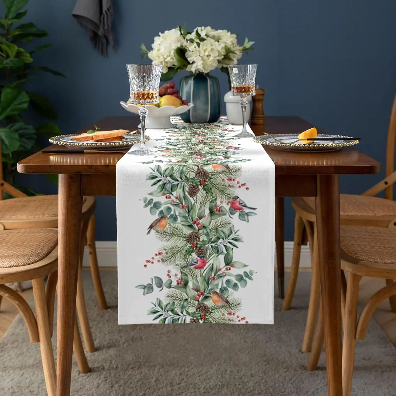 Christmas Redbreast Eucalyptus Leaves Linen Table Runners Dresser Scarf Decor Washable Dining Table Runners Party Supplies