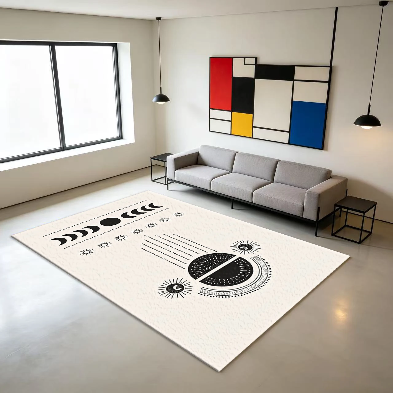 Sun Moon Phases Boho Art Carpet Decorative Floor Rug Non-Slip Mat Suitable for Home Bedroom Living Room