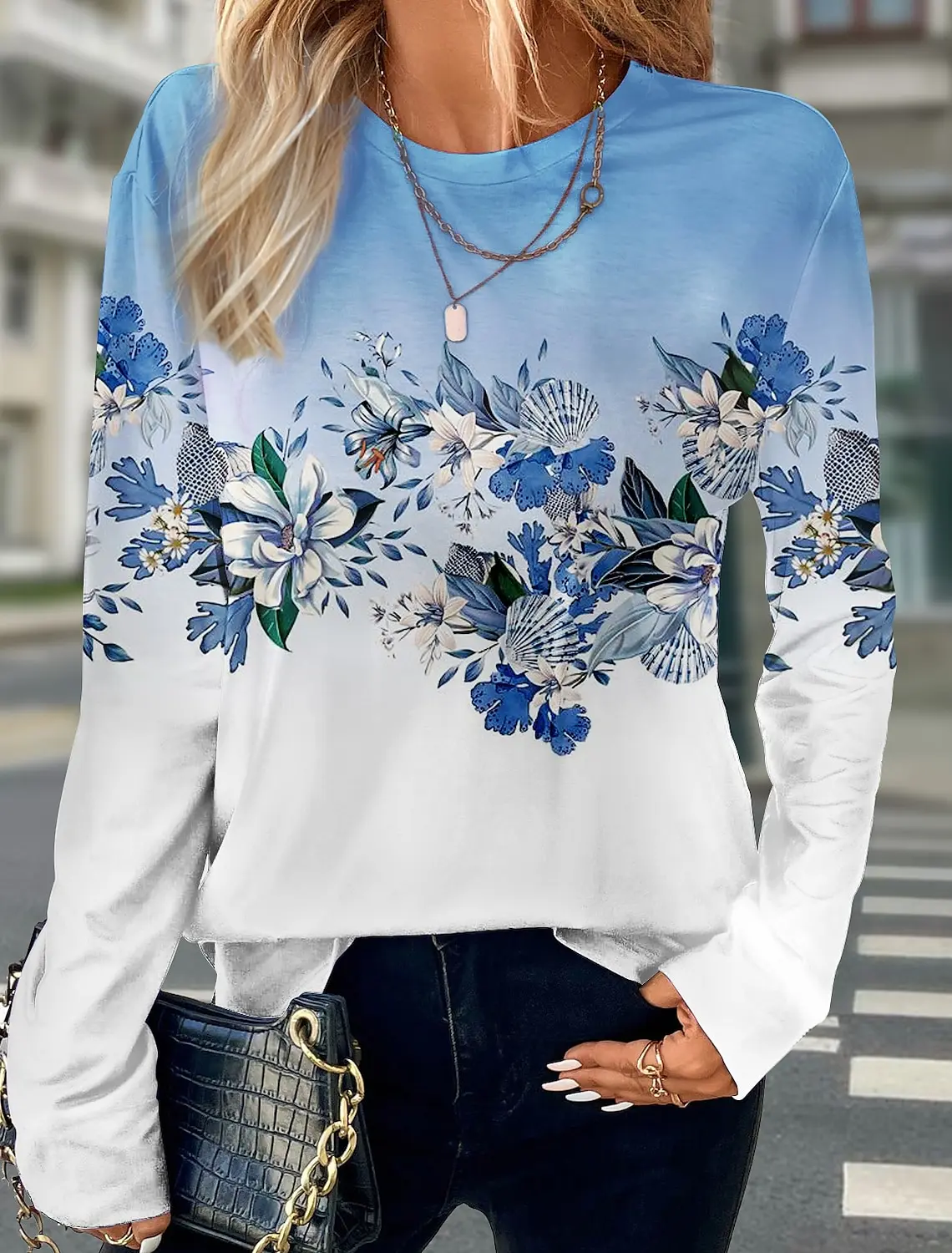 

3D Print Floral Graphic Women's T shirt Long Sleeve Tops Basic Design Fashion Round Neck Regular Fit Y2K Sweatshirt For Girls