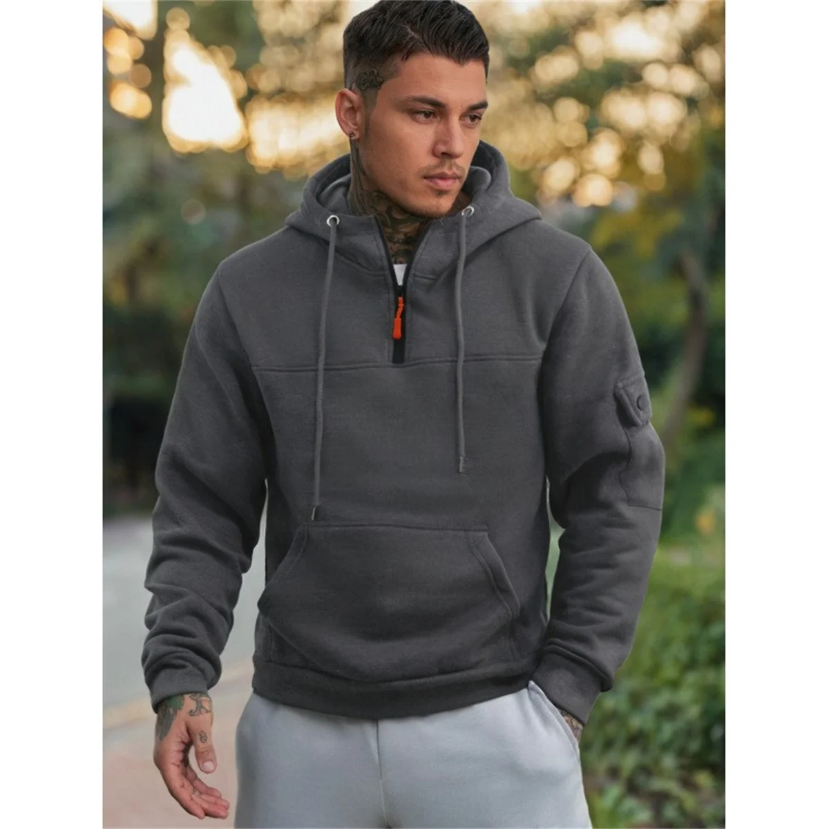 Tiki Autumn Fleece Warm Soft Arm Pocket Leisure Outdoor Jogging Camping Fishing Sports Professional Solid Color Men\'s Hoodie