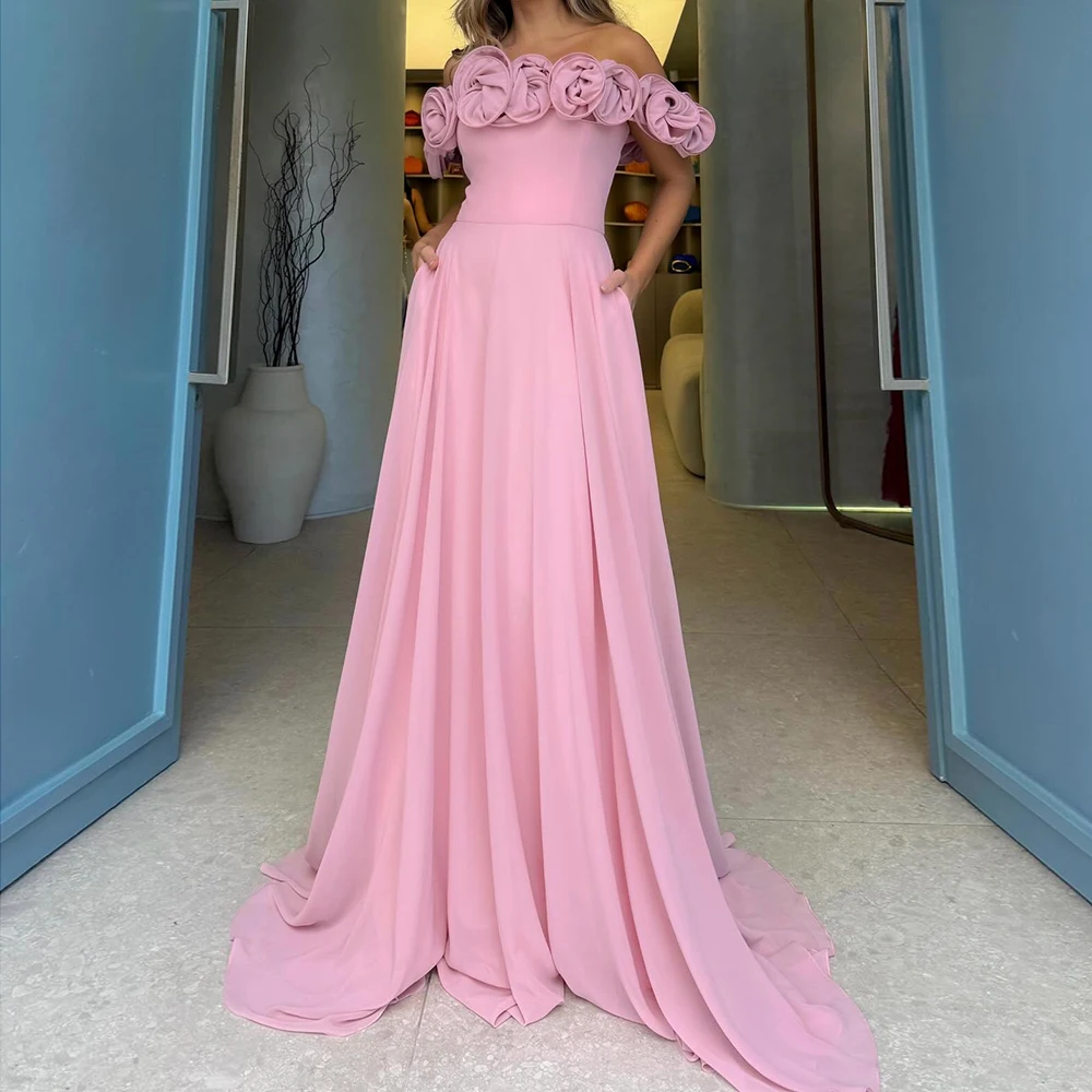 

Women's A-line Evening Dresses Floor-length Off The Shoulder Sleeveless Prom Gown Fashion Flowers Simple Draped Customized Gowns