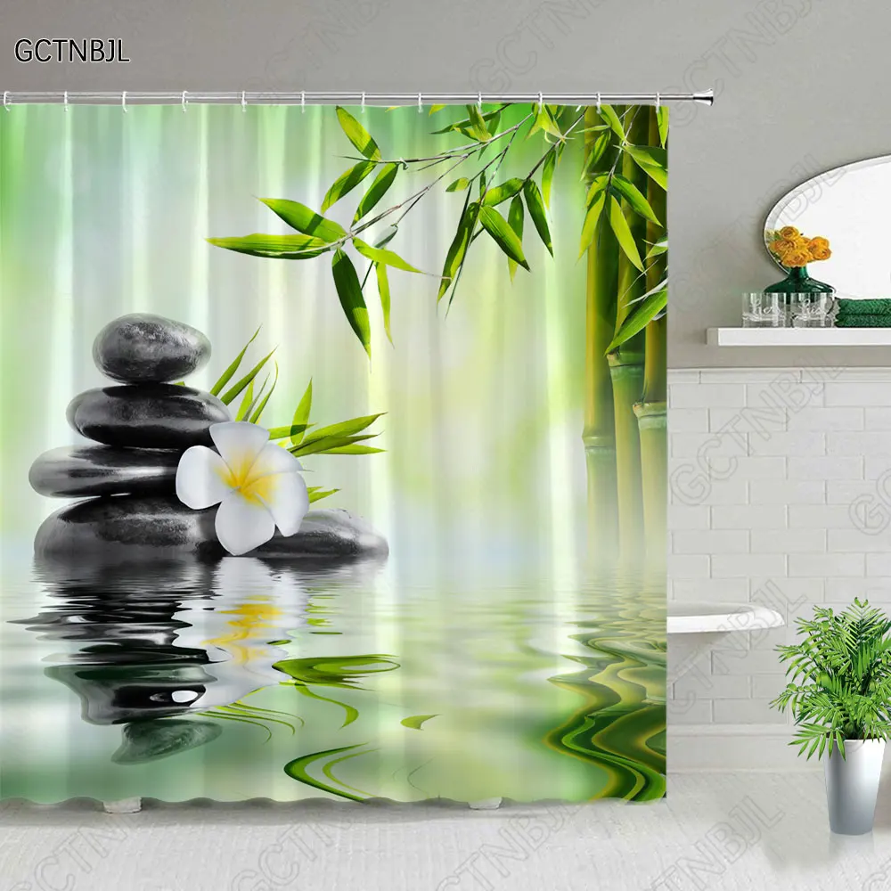 Zen Shower Curtain, Spa Decor Stone Tower Lotus Purple Orchid Flower and Bamboo, Cloth Fabric Bathroom Decor Set with Hook Black