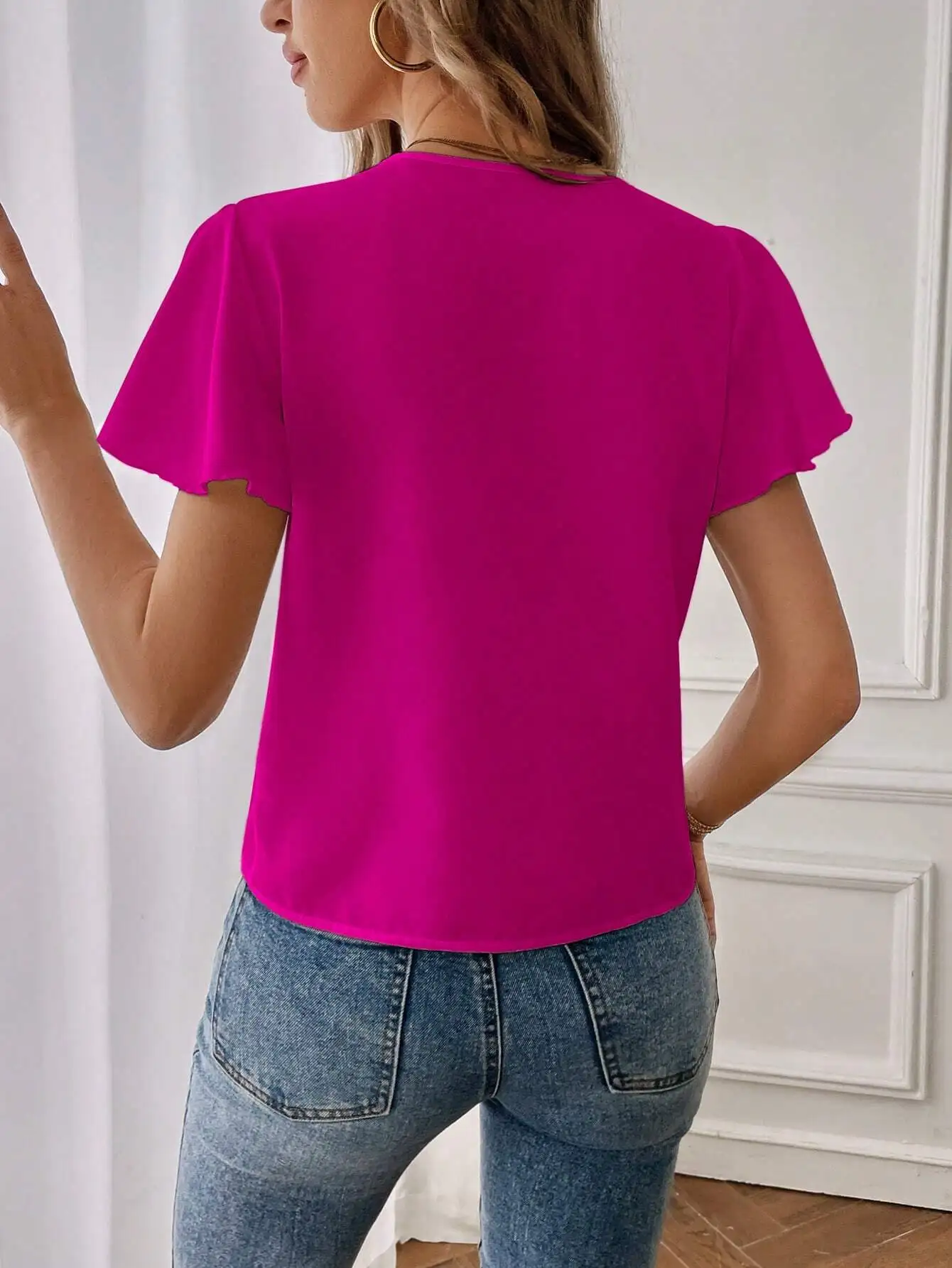 

Solid Color Notched V-Neck Short Sleeve Blouse For Women Summer Casual