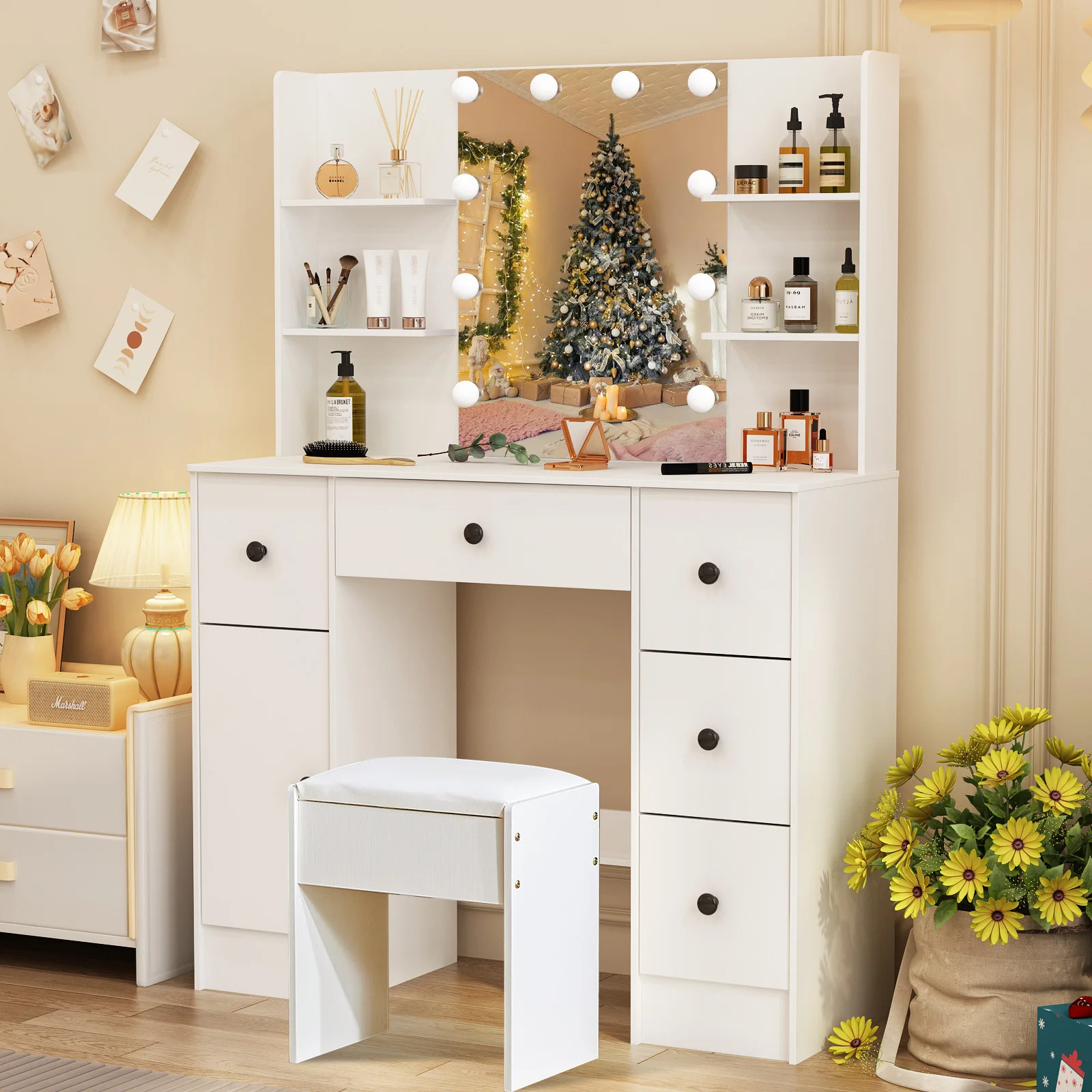 Dresser Desk Bedroom Makeup Dressing Vanity Table Set LED Lights Mirror W/Drawer