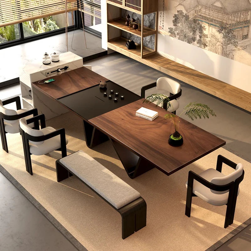 

2025 new light luxury island tea table kettle embedded integrated household walnut large board tea table tea table