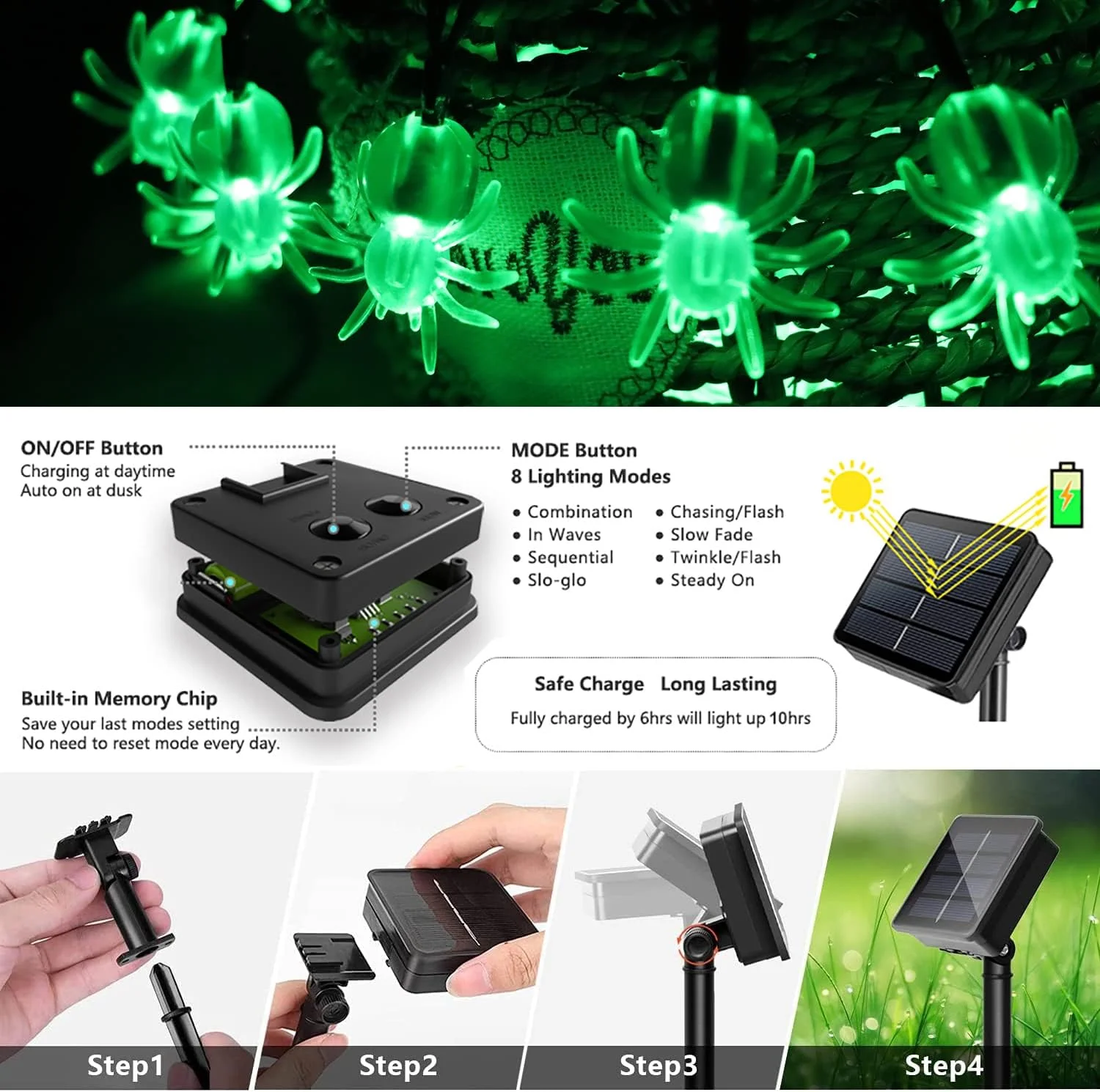 1 قطعة 20/30 LED هالوين العنكبوت في الهواء الطلق سلسلة ضوء مع 8 طرق الإضاءة مصباح تعمل بالطاقة الشمسية للمنزل حديقة ساحة هالوين ديكور