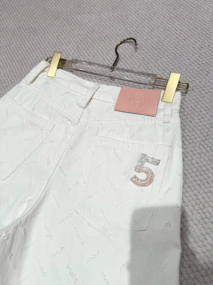 

High Waist Straight Leg Denim Jeans Women's Glitter Number 5 Embroidered Cotton Spring Autumn Season Ladies Fit Elastic