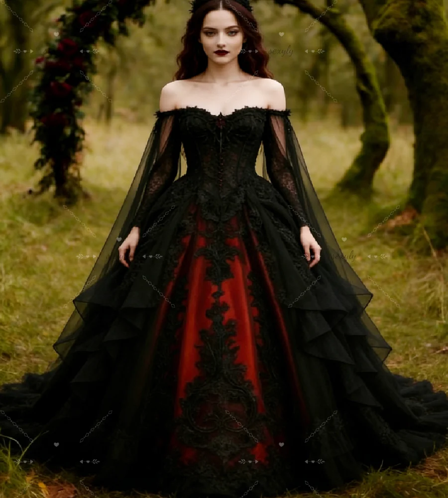 Ethereal Black Red Gothic Wedding Dress Ball Gown Off Shoulder Cap Sleeves Appliques Lace Vampire Bridal Dresses Unique 2026