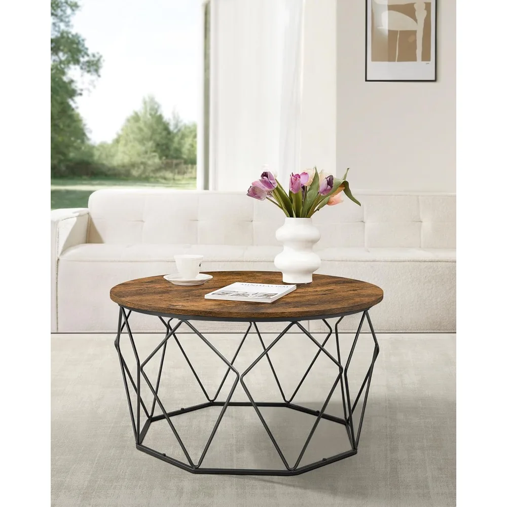 Round Coffee Table for Living Room, Cage Cocktail Table with Steel Frame, 31.5 Inches Dia., Industrial Style