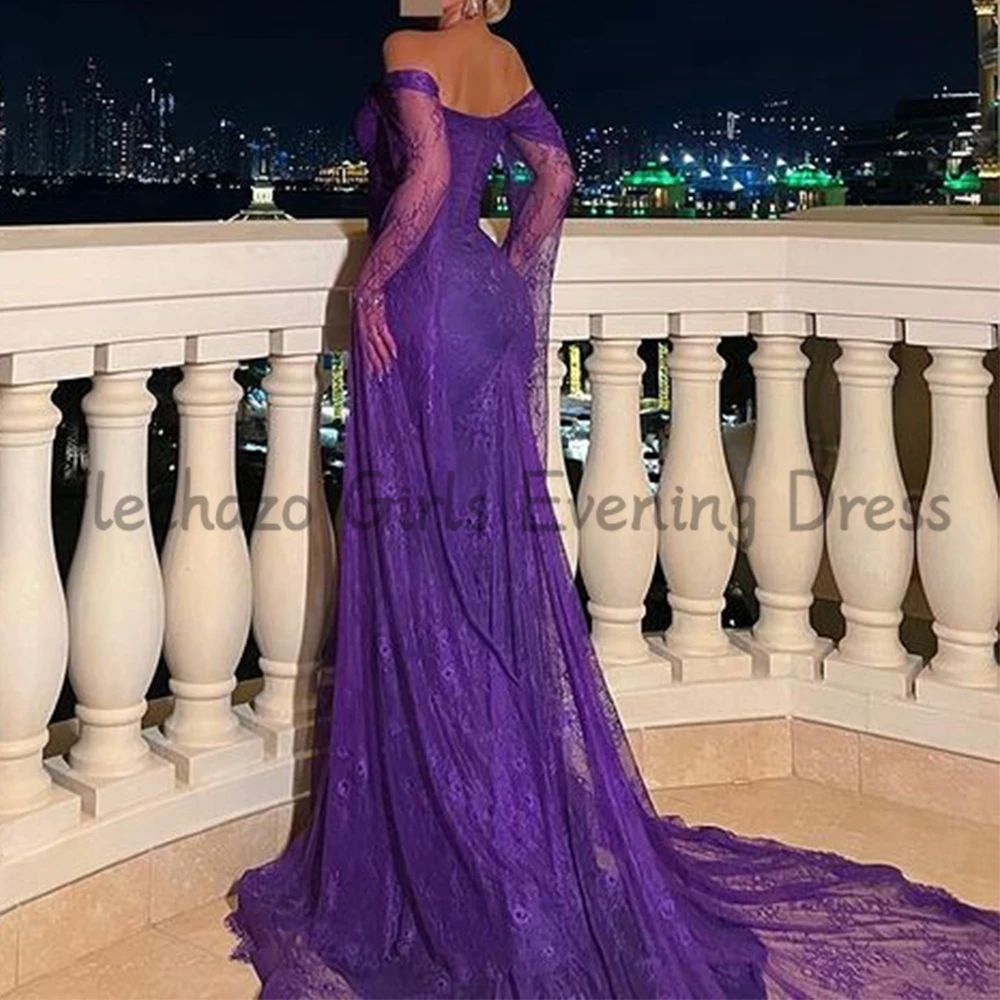 Flechazo Purple Lace Mermaid Evening Dress V-Neck Off the Shoulder Long Sleeves Backless Women Party Banquet Gowns Custom