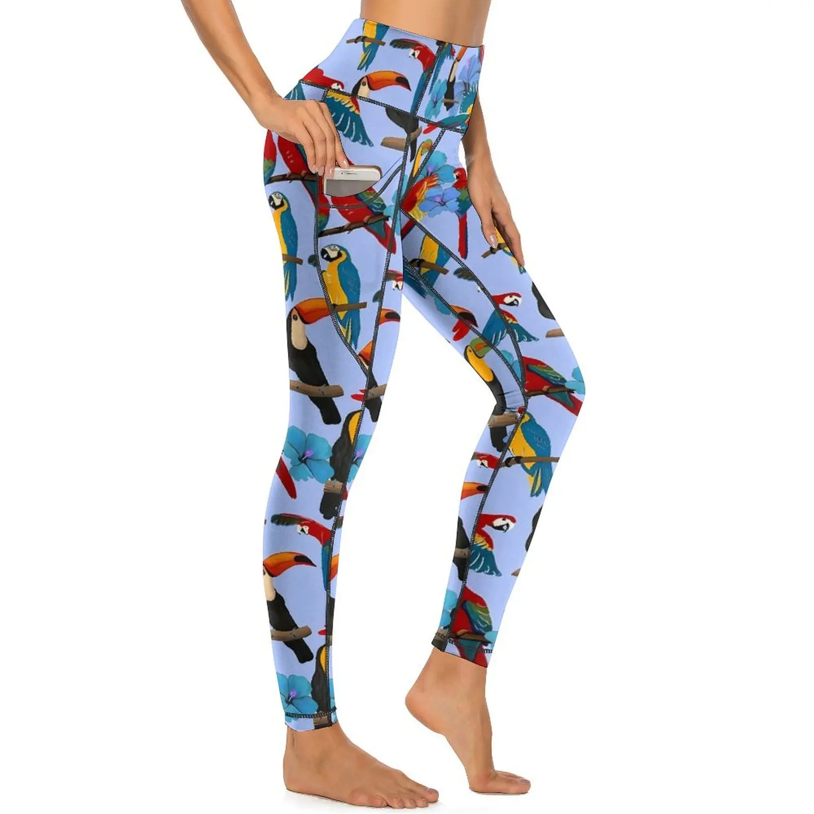 

Birds Flower Leggings Sexy Toucans and Parrots Gym Yoga Pants Push Up Quick-Dry Sports Tights Pockets Elegant Custom Leggins