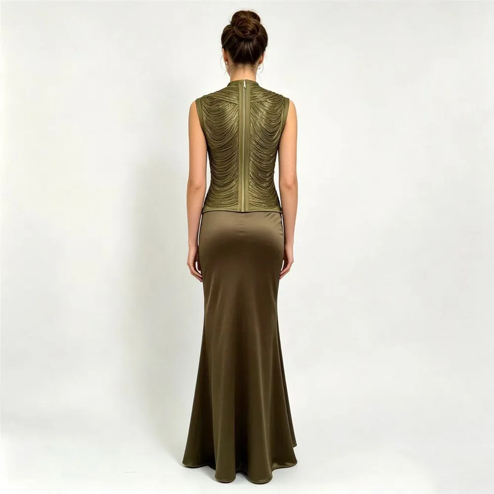 Luxurious Retro Fringe Two Piece Maxi Dress Sleeveless High Neck Satin Long Skirt Set Elegant Evening Gown Party Club Night view 6