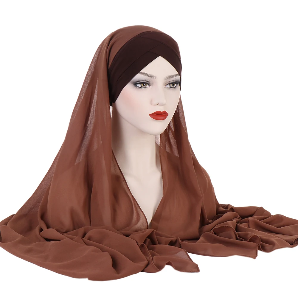 Donne Chiffon Hijab moda solido foulard con cappello interno set primavera autunno traspirante signore foulard blu caffè bianco