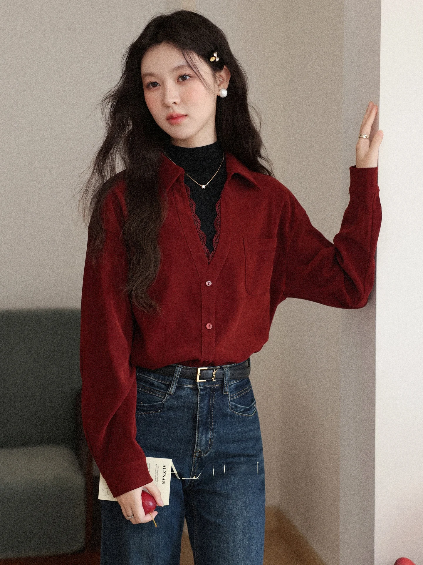 

Deep Bury Cisas irt Women's Inner Wear irt Autumn Winter Vintage Sle Collar Long Sve Warm Fitted irt