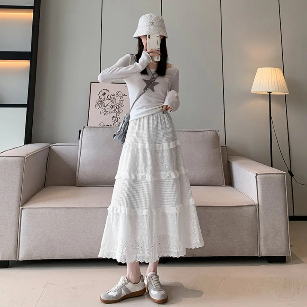 Damen-Rock mit hoher Taille, A-Linie, langer Rock, elegante Spitze, plissiert, schlankmachender Netz-Kuchenrock für Frühling und Herbst