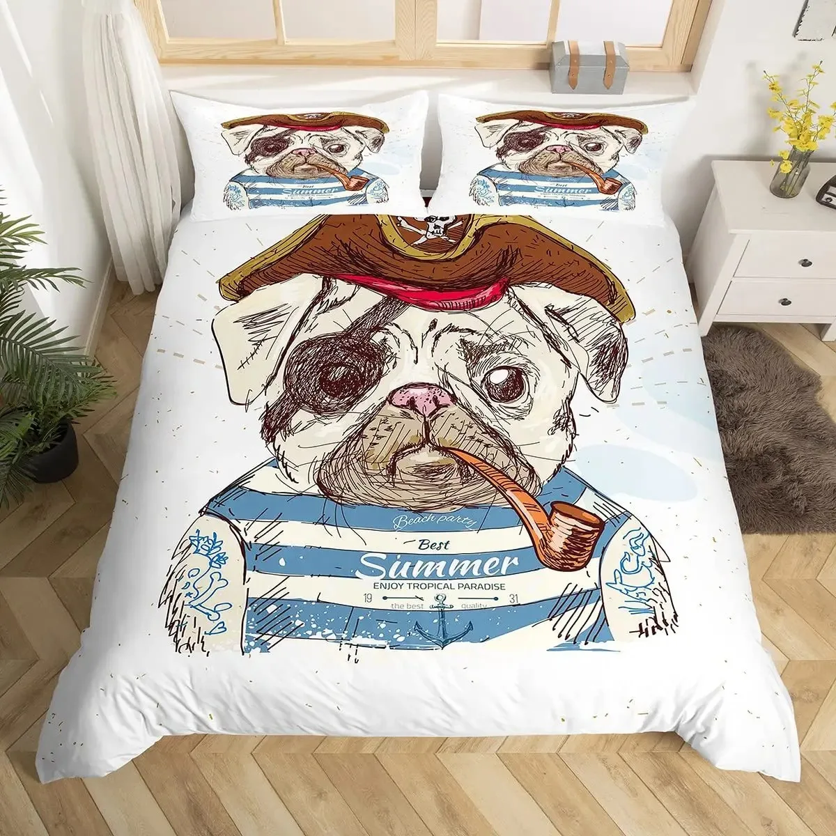 

Pirate Pug Dog Duvet Cover Queen Kids Cute Cartoon Pet Dog Bedding Set Kawaii Puppy Comforter Cover Animal Themed Quilt Cover