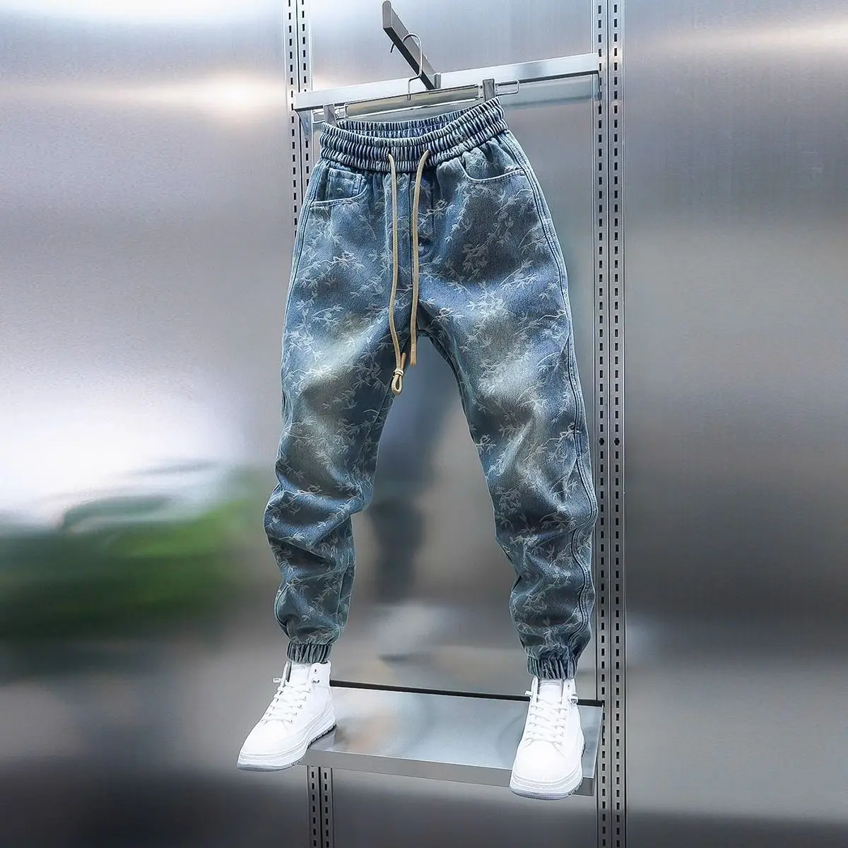 

Trendy Men's Spring and Summer New Jeans Light Blue Heavy Industry Jacquard Leggings Thin Designer Luxury Elastic Waist Pants