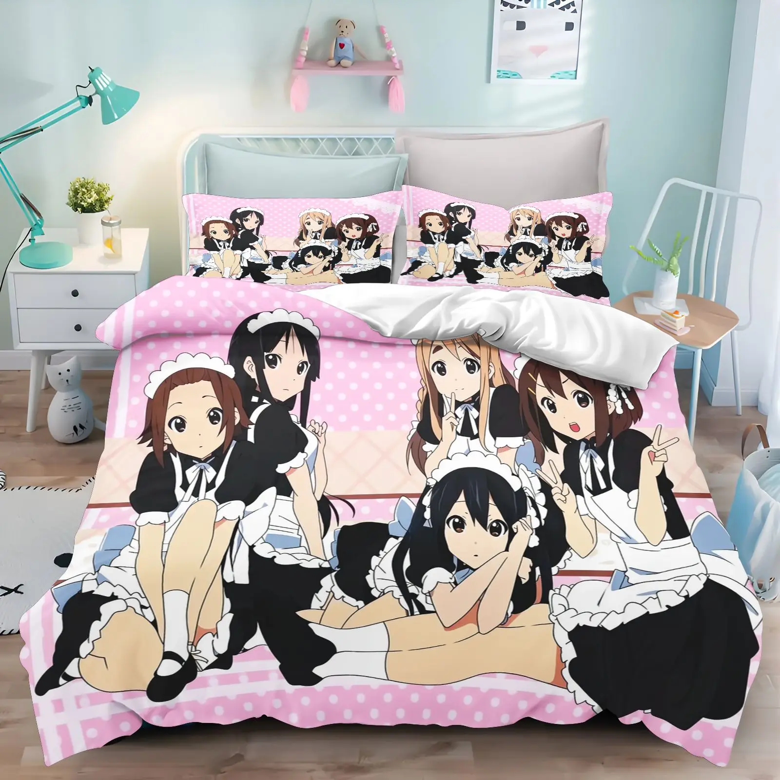 Anime Maid Girls Duvet Cover Set K-ON! Kawaii Pink Bedding Pillowcases Soft Comforter Cover for Girls Women Queen King Size