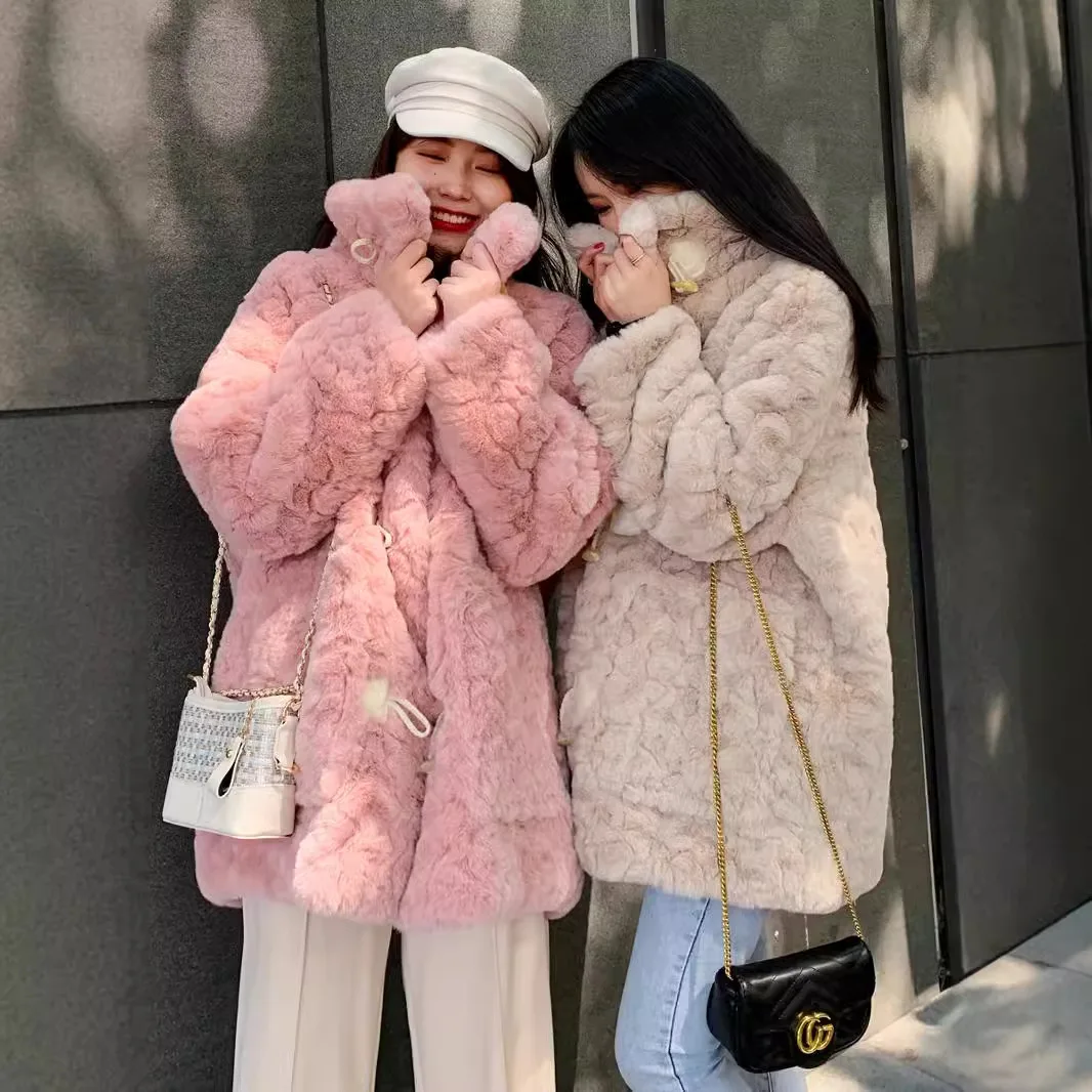 Winter large size imitation Rex rabbit fur coat medium and long women's coat 2024 new horn button plush top