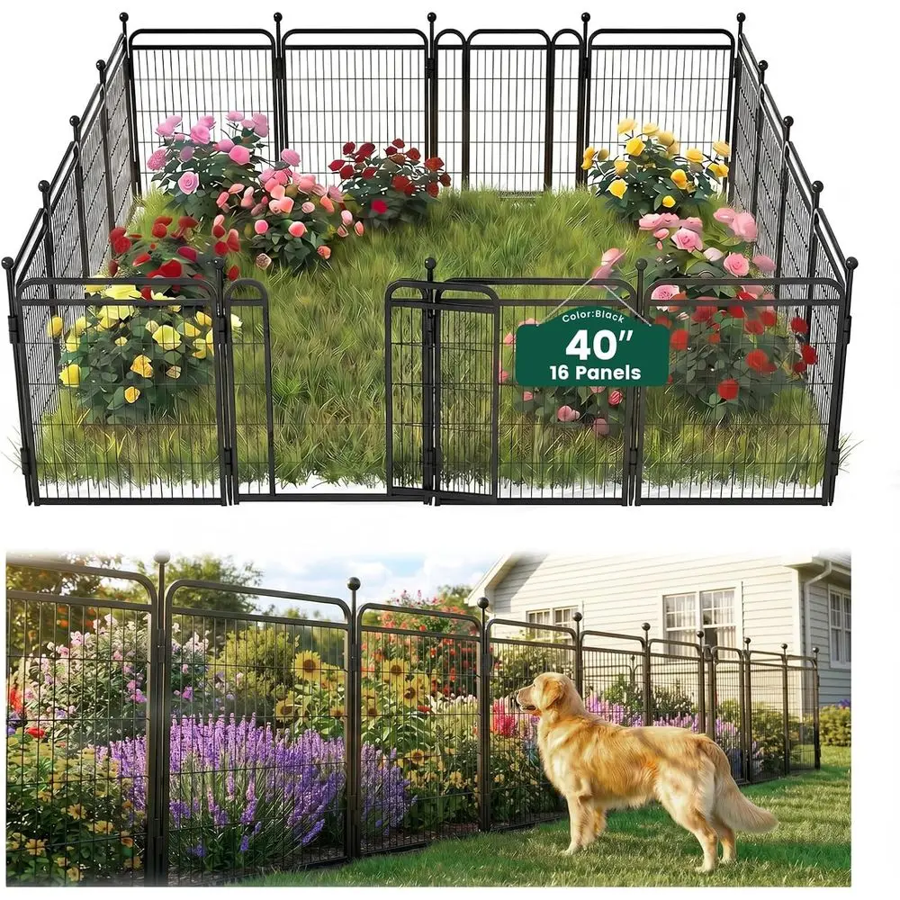 40 in (H) Garden Outdoor or Yard with 2 Gravity Automatic Lock Gates, Heavy Duty Iron 16 Panels Total 34.7t (L) Outdoor Dog Meta