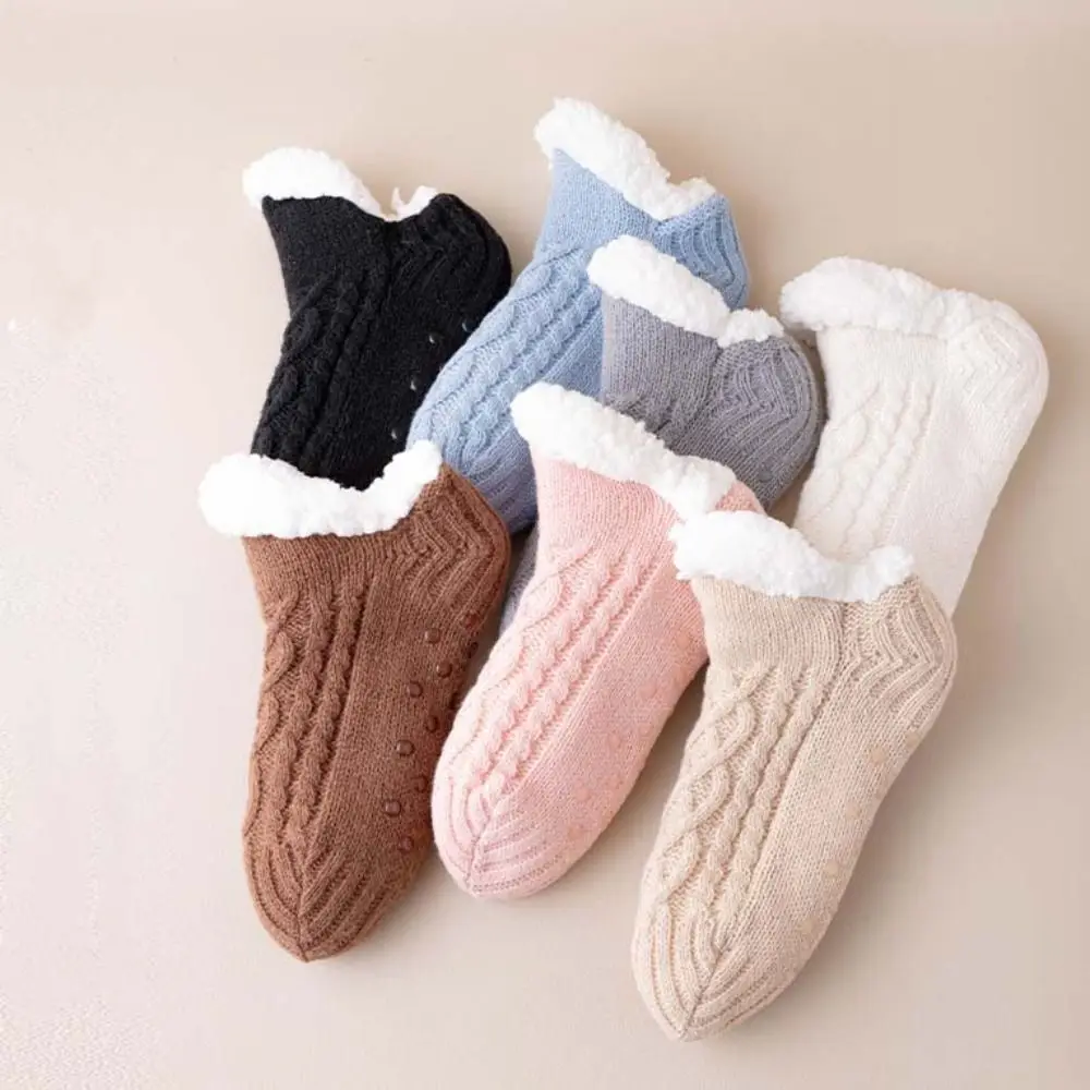

Cute Patchwork Winter Floor Socks Silica Gel Plush Thicken Velvet Socks Kawaii Soft Sleeping Socks Girls