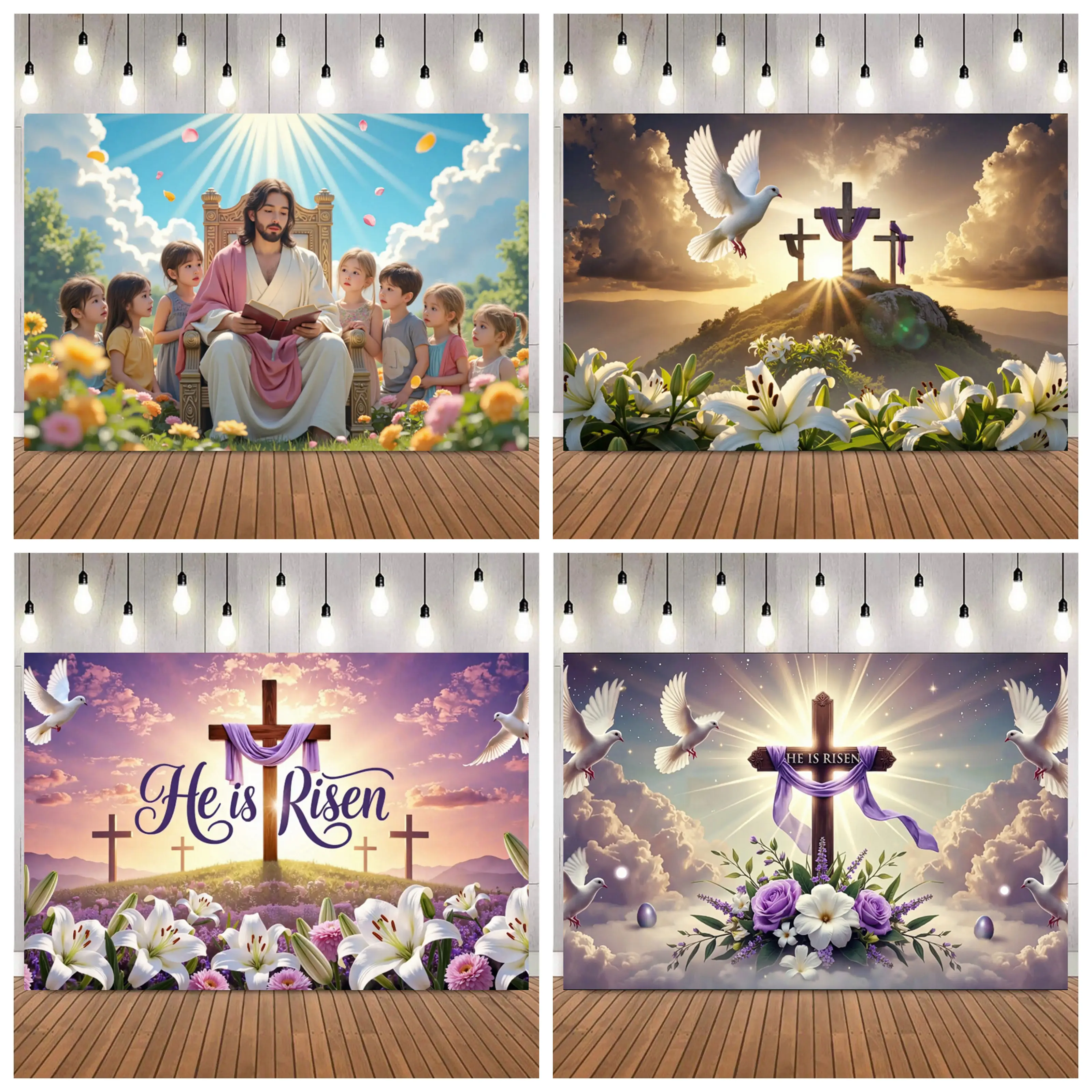

He Is Risen Cross Фиолетовый тканевый голубь Лилия Закат Фотофон Пасхальный портретный фон для домашнего декора Студийный реквизит
