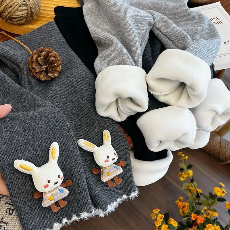 Korean Style Baby Girls Winter Fleece Lined Pants Children's Cute 3D Bunny Print Warm Trousers Kids Leggings