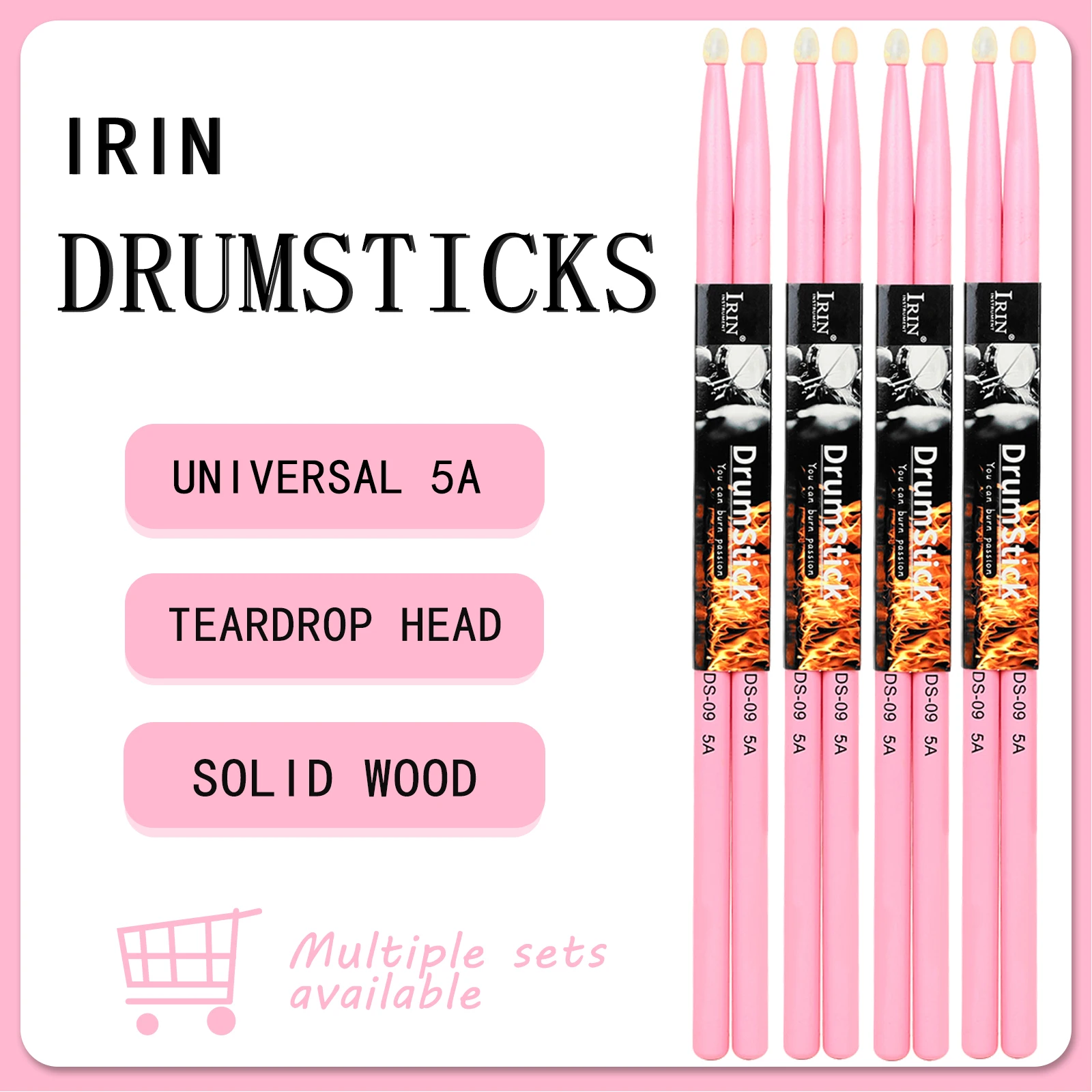 IRIN Drumstick Jazz Drum 5A Solid Wood Pair Drum Sticks Percussion Instrument Sturdy Maple PInk Drum Universal Accessories