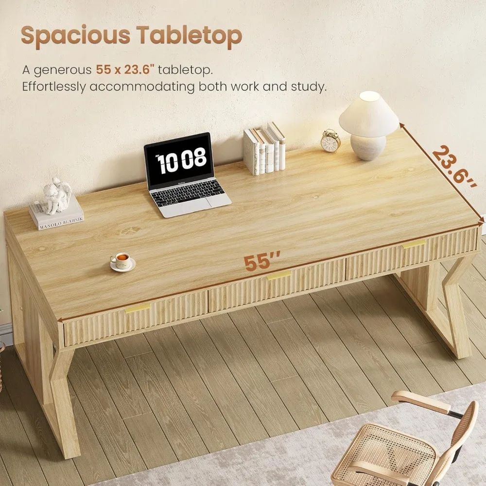 55" Executive Office Desk with 3 Drawers, Home Office Desk with Storage Drawers, Computer Writing Desk Study Table