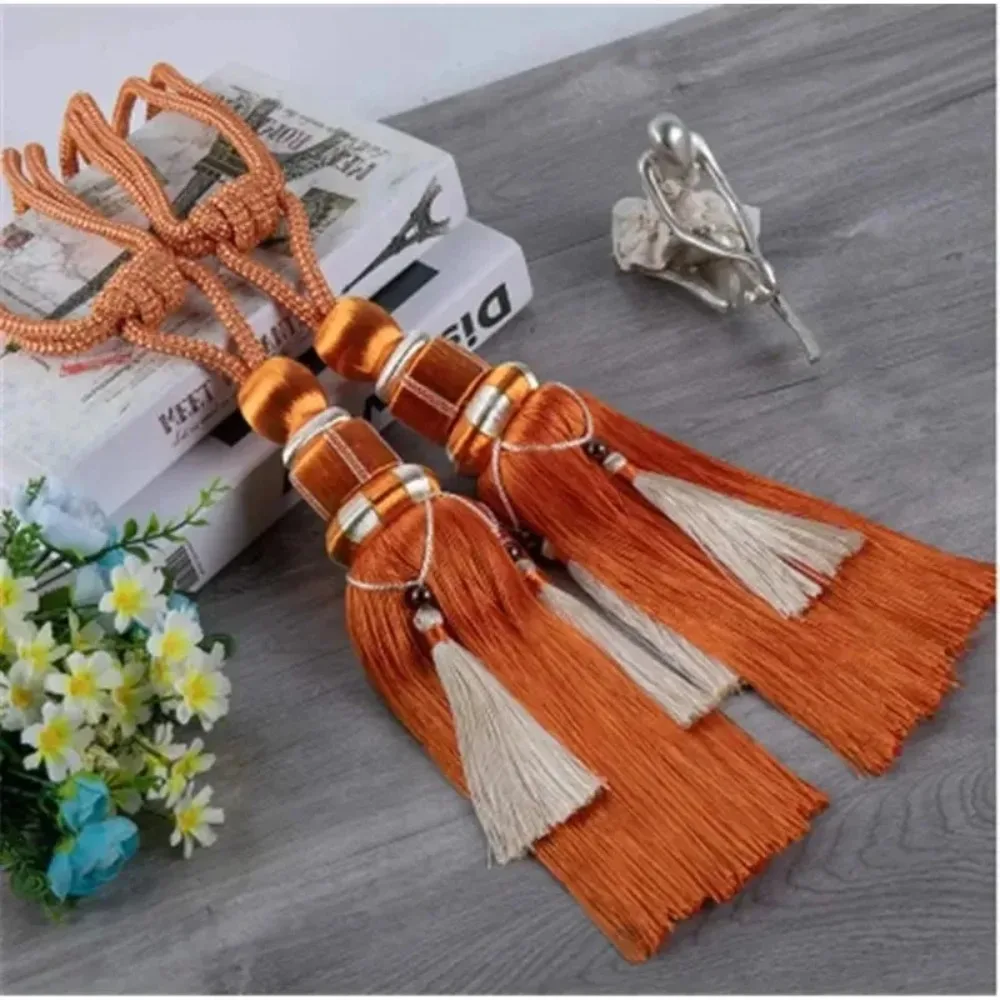 A Pair of Orange Decorative Tassels Double Balls Curtains Hanging Balls Gold Wire Tie Ties Hanging Ball Ropes
