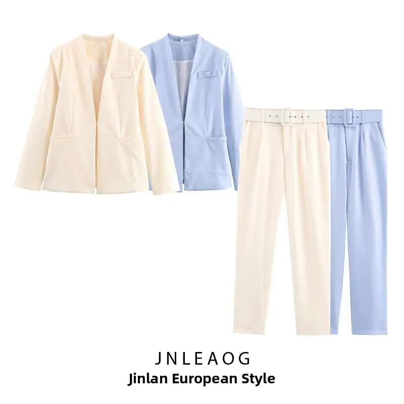 Slimming Effectiveness Autumn New Style Women's Suit Jacket with Belt High Waist Straight Leg Casual Pants Fashionable Busine...