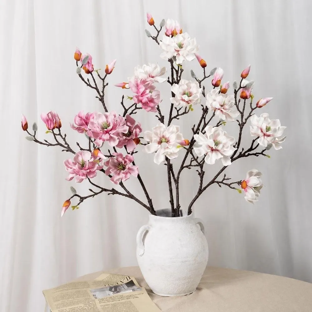 Real Touch Artificial Magnolia Flowers Branch Pink Multi-Bloom Artificial Faux Plants EVA White Faux Magnolia Branch Home Decor