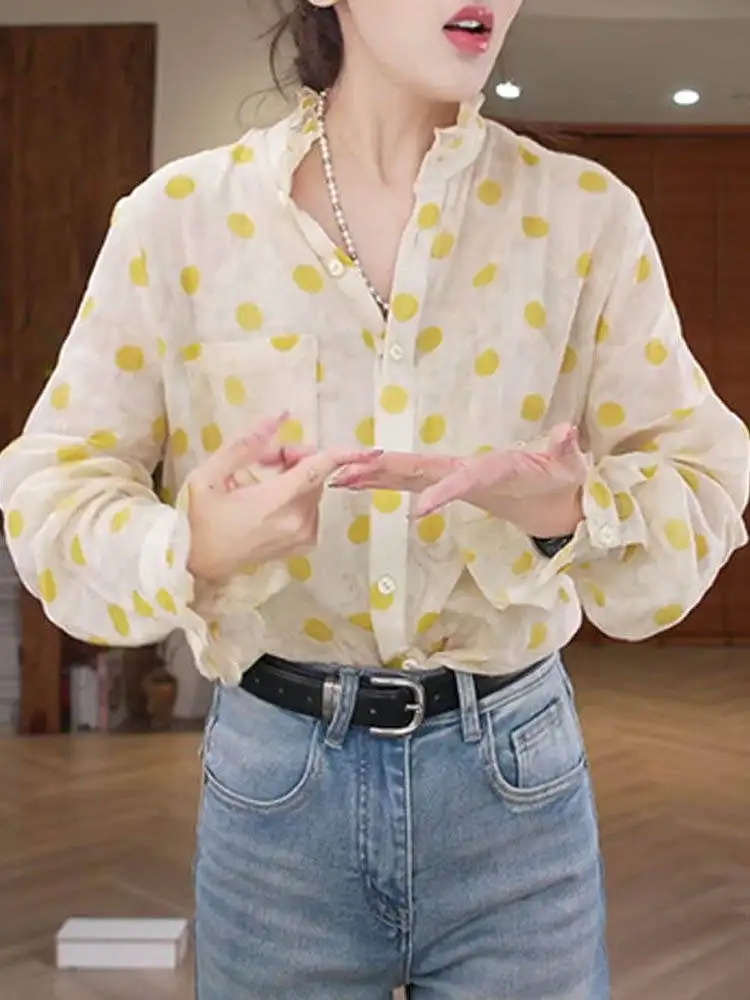 

Женская модная блузка с длинным рукавом и пуговицами, свободного кроя, с принтом в горошек, весна 2026, новинка