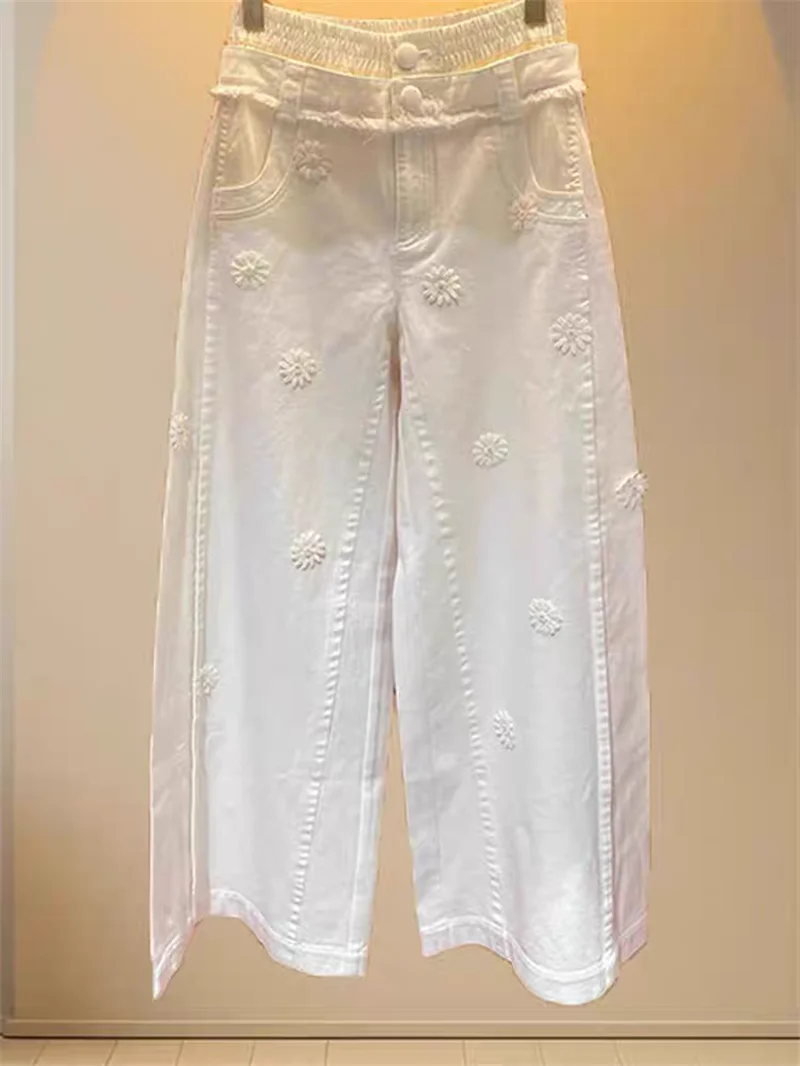 New Fashion Flowers Embroidery Women's Jeans Autumn Casual High Waist Solid Color Denim Wide Leg Pants Ankle Length Trousers