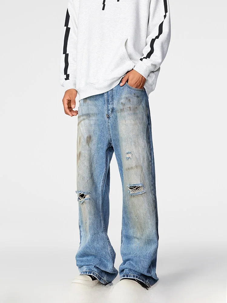 

Acho Store Мужские джинсы Distred, осень-зима, новые брендовые американские брюки с завышенной талией, длинные хлопковые полиэстеровые брюки